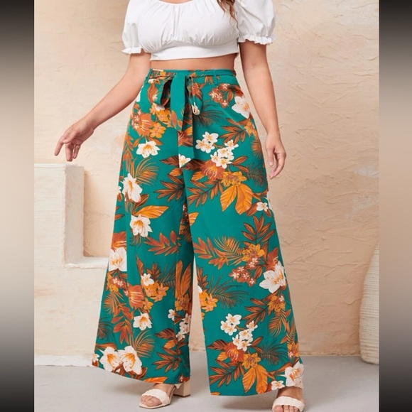 Boho Plus Size Floral Print Wide Leg Palazzo Pants - Picture 2 of 5